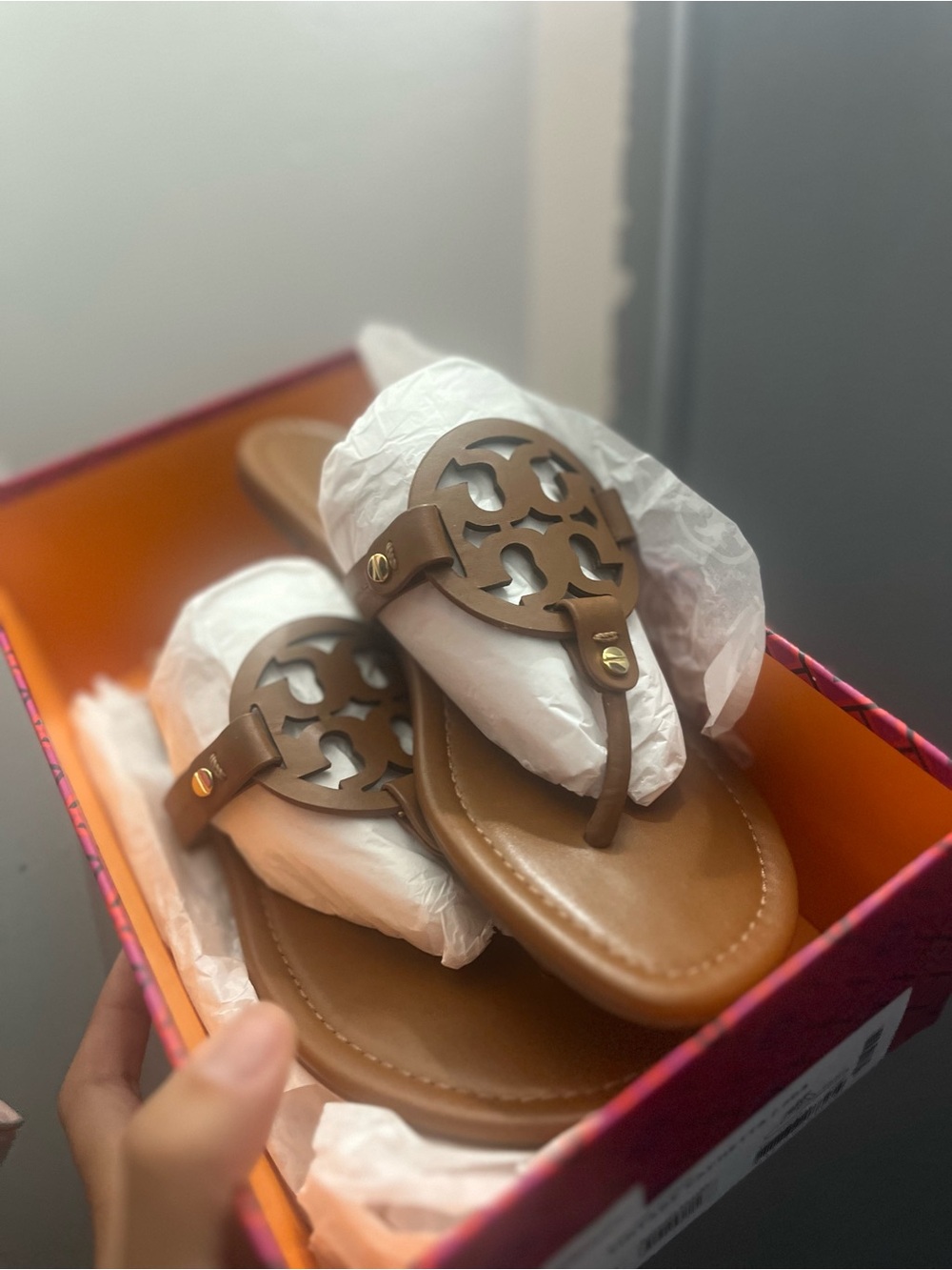 Tory Burch Brown Leather Logo Thong Sandals